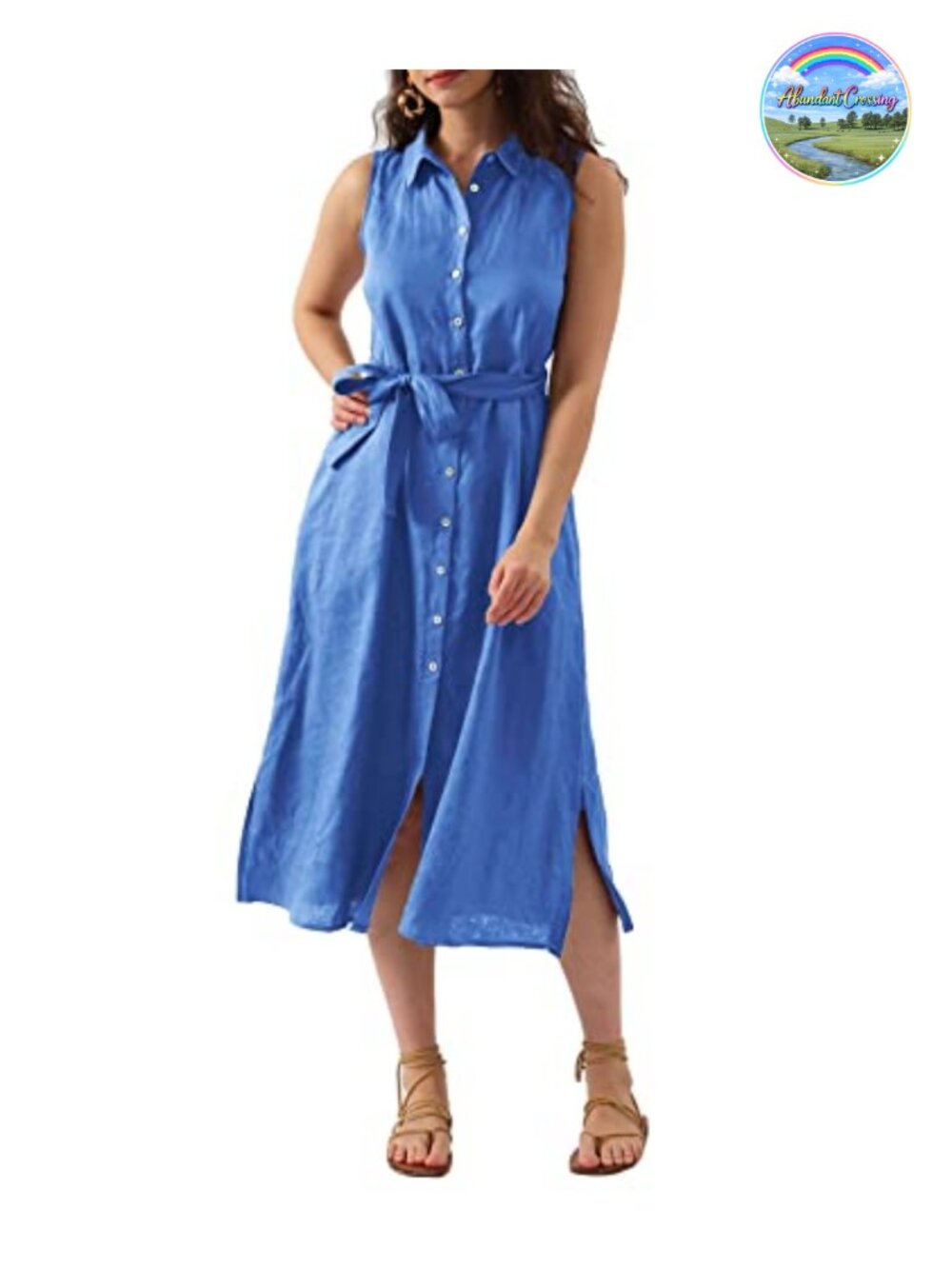 Women's Linen Midi Button Down Dress Sleeveless Casual Summer V-Neck